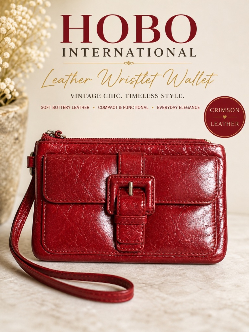 Authentic late 90’s Hobo International leather wristlet wallet in a rich crimson